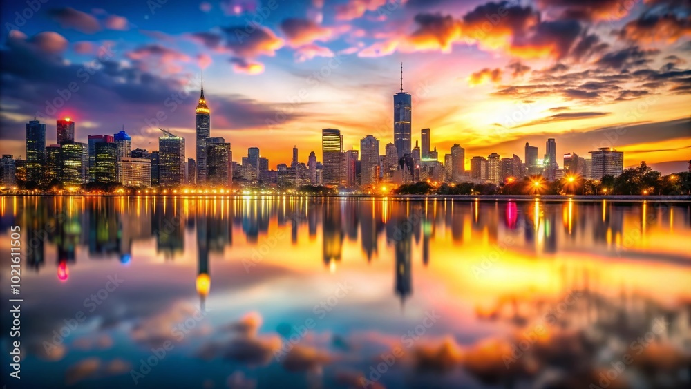 Fototapeta premium Vibrant city skyline at sunset reflecting in calm water, showcasing urban beauty and serenity