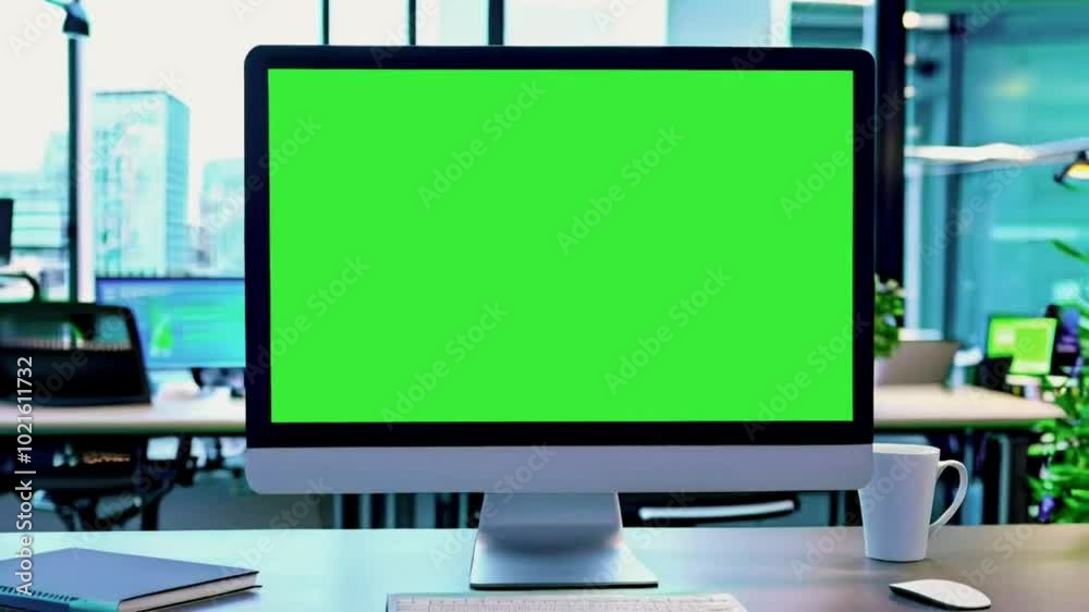 Close up of green screen on computer in empty business office. Isolated template and mock up background with chroma key on monitor, nobody in workplace. Mock-up copy space app on display Close up of green screen on computer in empty business office. Isolated template and mock up background with chroma key on monitor, nobody in workplace. Mock-up copy space app on display