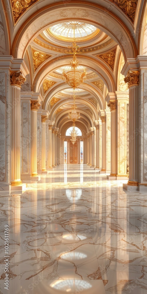 Majestic Palace Hallway with Golden Accents Majestic Palace Hallway with Golden Accents