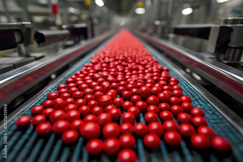 Obraz premium Red Pills Moving on a Conveyor Belt in a Pharmaceutical Factory