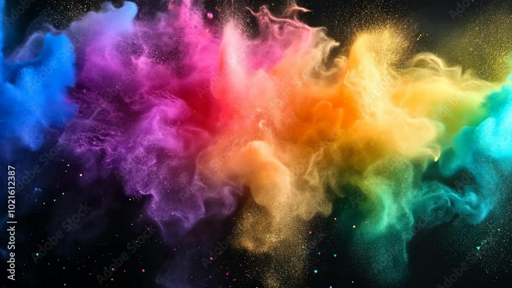 Colorful powder explodes against a black background, creating a vibrant rainbow effect