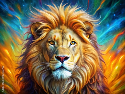 Vibrant Colorful Lion Portrait with Majestic Mane Against a Bold Abstract Background in Nature