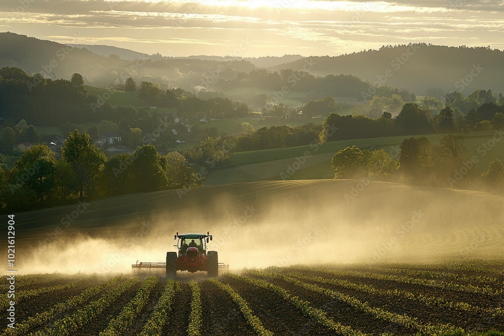 Fototapeta premium Tractor Driving Through a Field With Dust and Hills in the Background