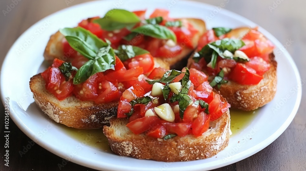 A plate of bruschetta with tomatoes, garlic, and basil. A plate of bruschetta with tomatoes, garlic, and basil.