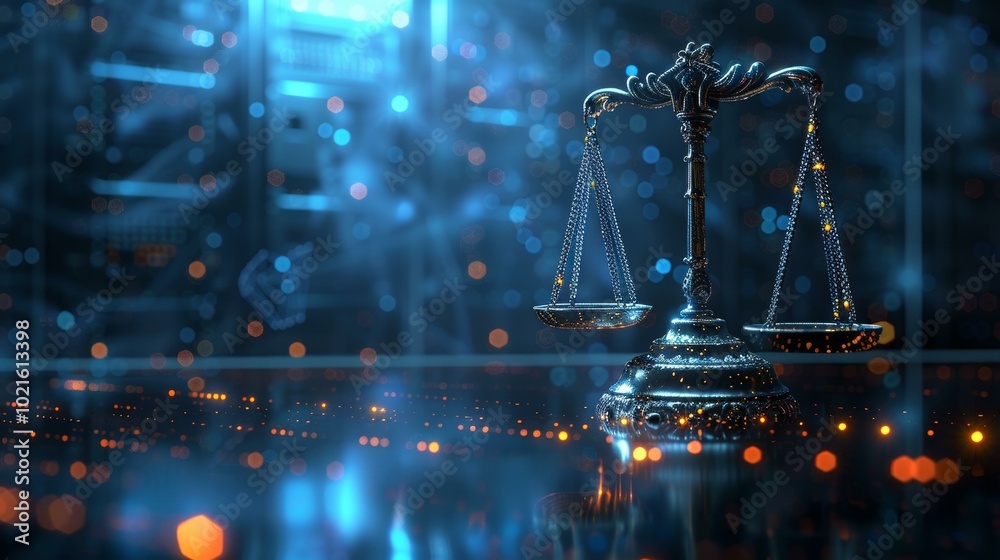 Lady Justice and scales of justice in front of a blurred background of a circuit board Lady Justice and scales of justice in front of a blurred background of a circuit board