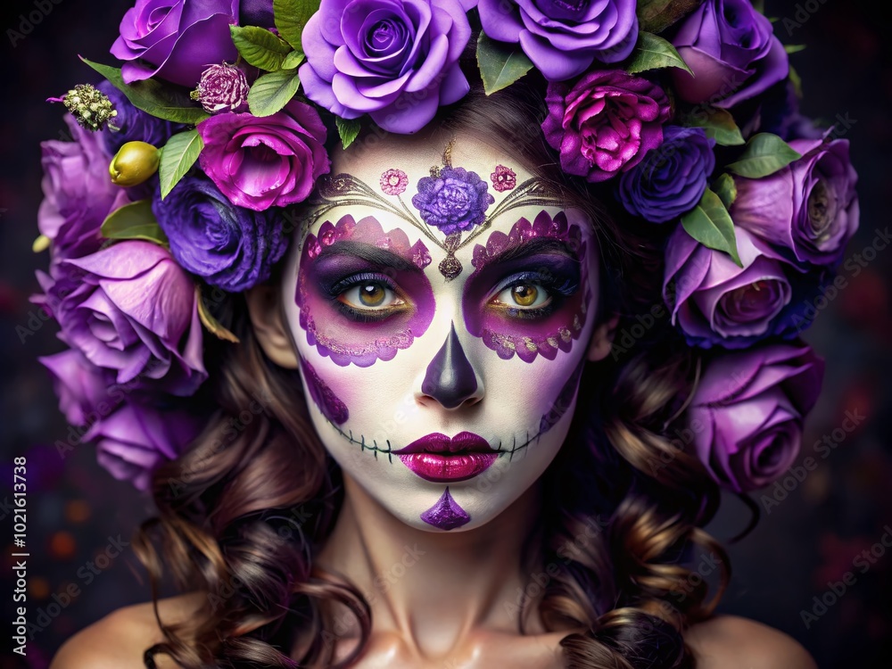 Vibrant Day of the Dead Makeup in Purple with Intricate Floral and Skull Designs for Celebration