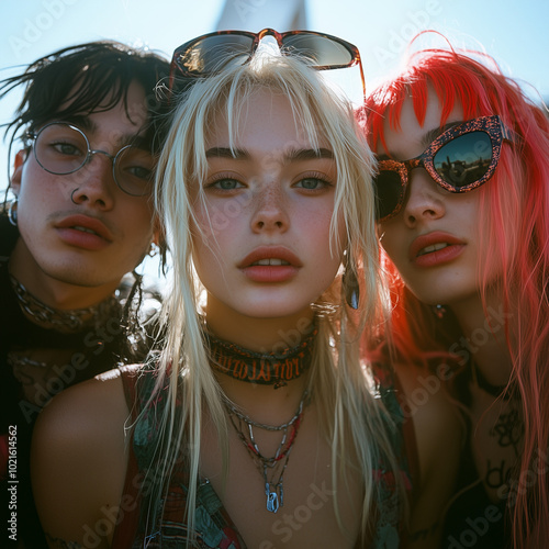 A group of stylish hipster genz friends taking a selfie