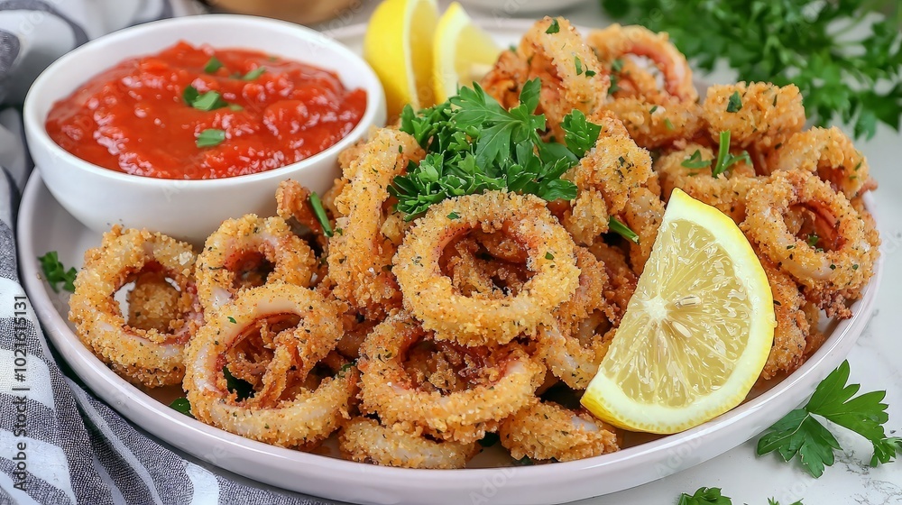 A plate of fried calamari rings with lemon wedges, parsley and a side of marinara sauce. A plate of fried calamari rings with lemon wedges, parsley and a side of marinara sauce.