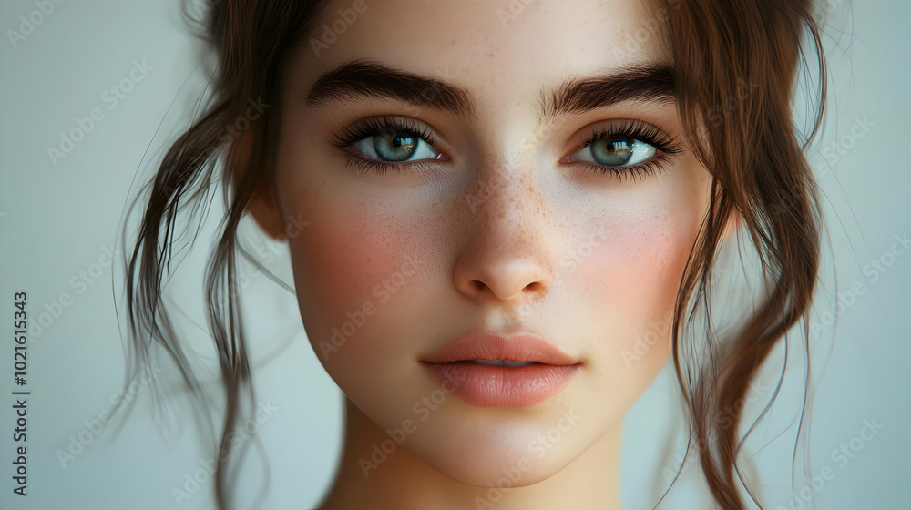 Close-up Portrait of a Woman with Brown Hair and Green Eyes - Digital Illustration