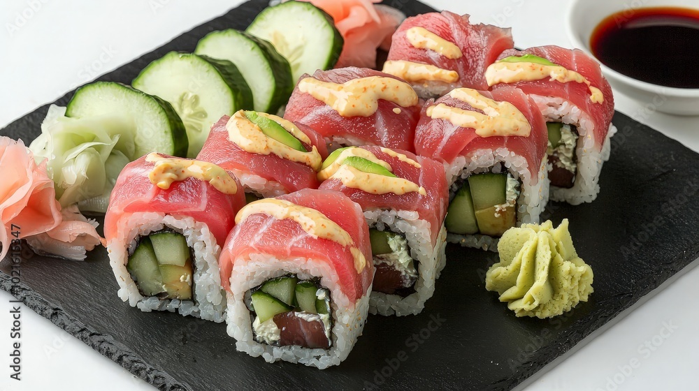 A plate of sushi rolls with tuna, avocado, cucumber, and a spicy mayo sauce, accompanied by pickled ginger, wasabi, and soy sauce. A plate of sushi rolls with tuna, avocado, cucumber, and a spicy mayo sauce, accompanied by pickled ginger, wasabi, and soy sauce.