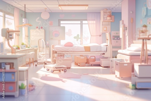 A Sunlit Hospital Room with a Bed and Medical Equipment