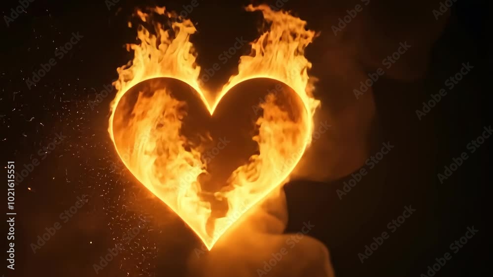 A fiery heart shape burns bright against a dark background