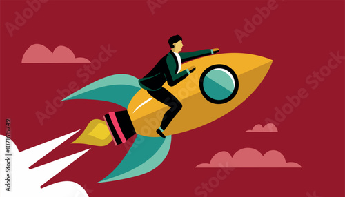 Businessman Billy flying on a rocket Jetpack up. Concept of business startup, launching 