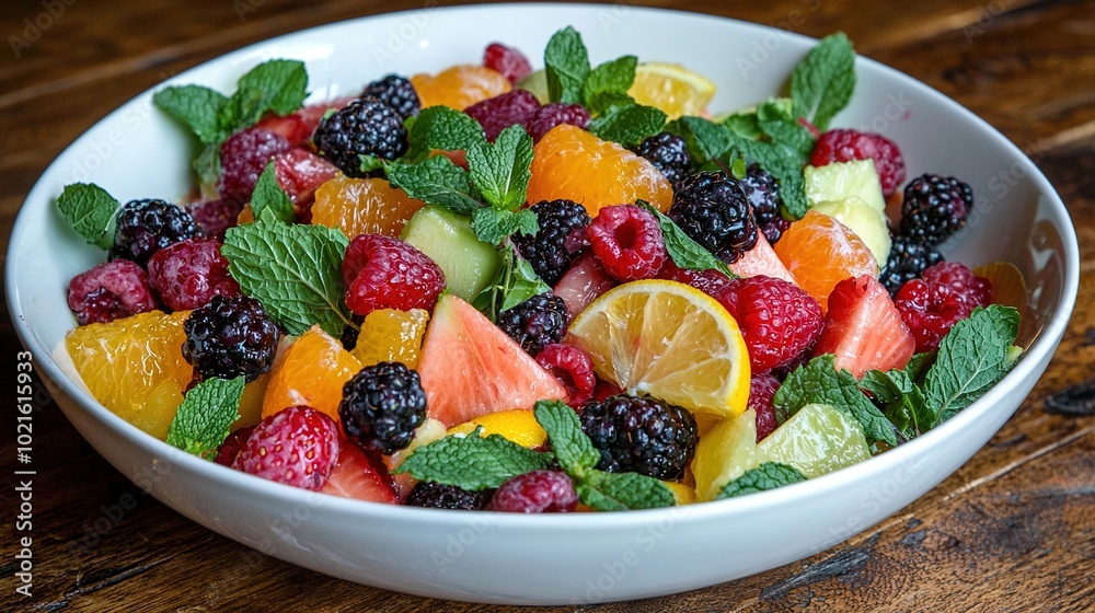 A close-up photo of a fruit salad bowl on a wooden table with fresh mint leaves, juicy oranges, and vibrant raspberries A close-up photo of a fruit salad bowl on a wooden table with fresh mint leaves, juicy oranges, and vibrant raspberries