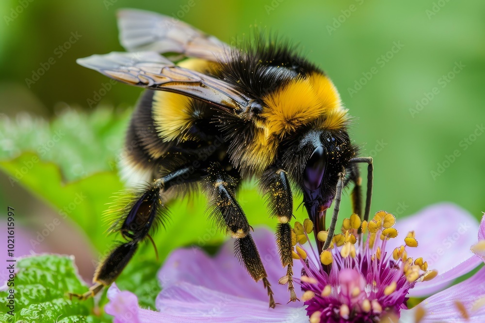Bumblebee is gathering pollen on a purple flower in summer Bumblebee is gathering pollen on a purple flower in summer
