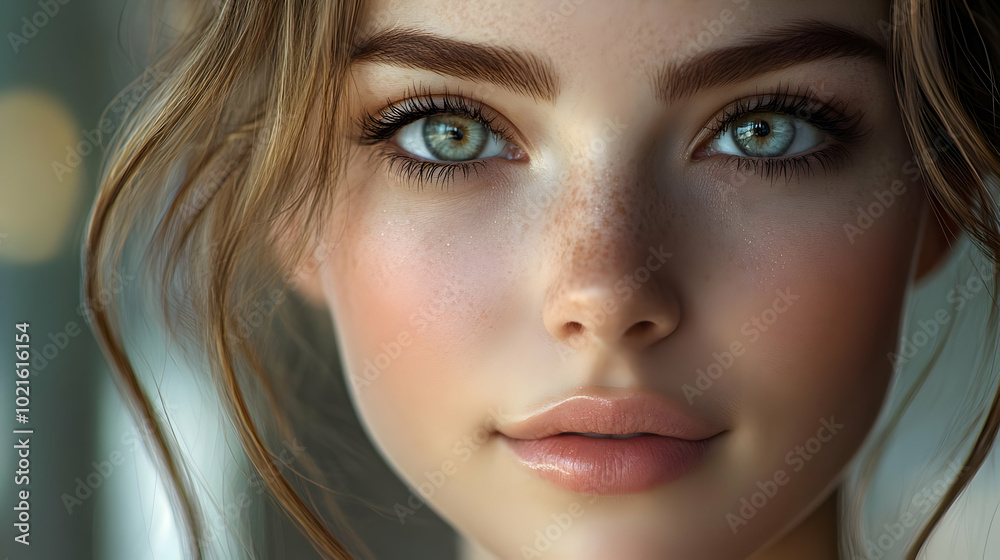 Close-up Portrait of a Woman with Freckles and Green Eyes - Digital Illustration Close-up Portrait of a Woman with Freckles and Green Eyes - Digital Illustration