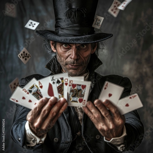 A deceptive magician performing a trick with cards, amazed audience