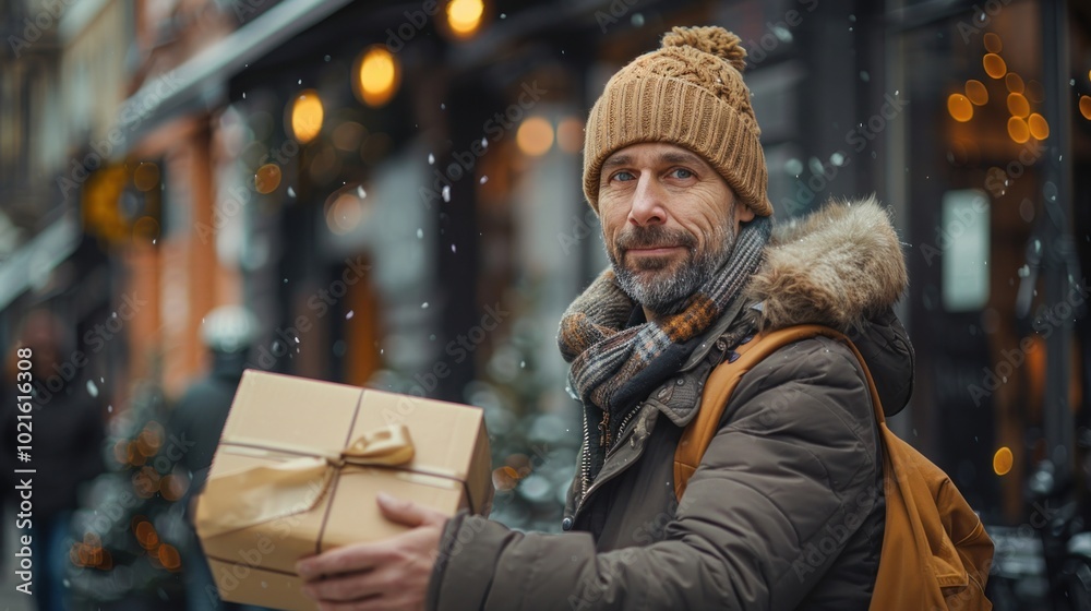A delivery driver handing over a package to a customer in front of a cafe A delivery driver handing over a package to a customer in front of a cafe