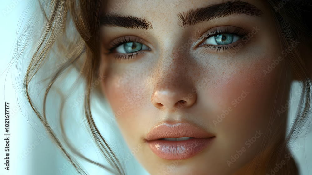 Close-up Portrait of a Woman with Freckles and Blue Eyes - Digital Illustration Close-up Portrait of a Woman with Freckles and Blue Eyes - Digital Illustration