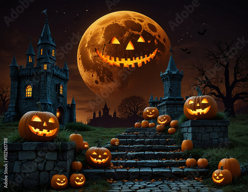 Halloween atmosphere with castles and pumpkins at night photo