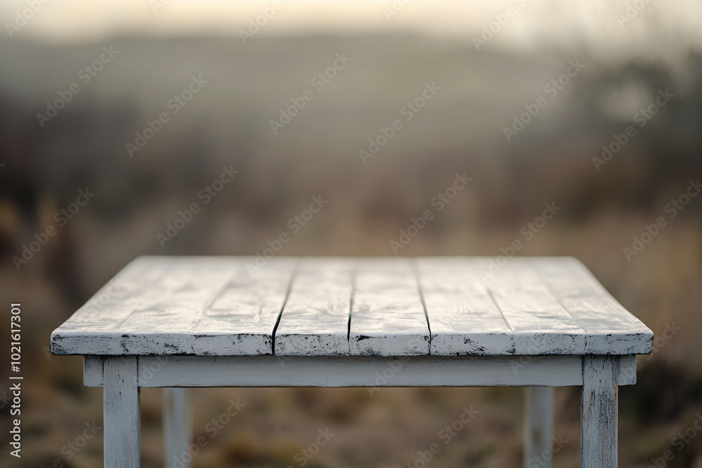 Fototapeta premium Rustic white wooden table with a blurred nature scene in the background creating a peaceful outdoor atmosphere 