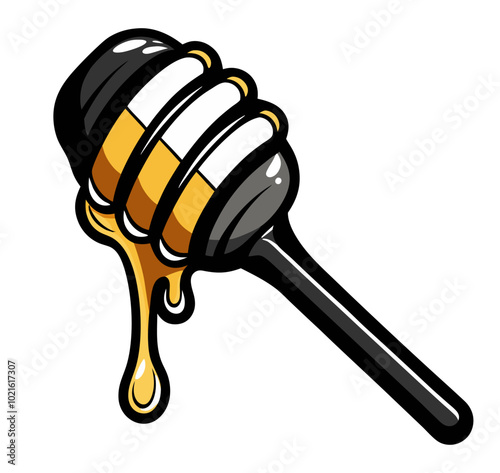 Vector illustration of a bee wooden honey spoon with a drop of liquid, cartoon-style honey dipper dripping with golden honey, outline, and icon.