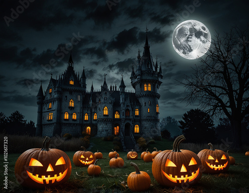 Halloween atmosphere with castles and pumpkins at night photo