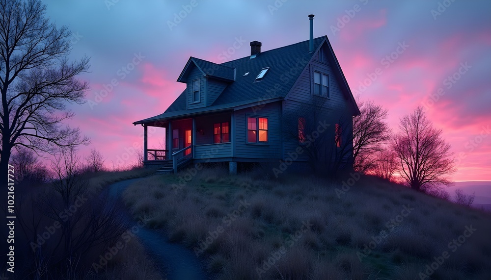Rural Cabin at Sunrise with Pink Clouds Eerie Scary Atmosphere Solitary Mystery
