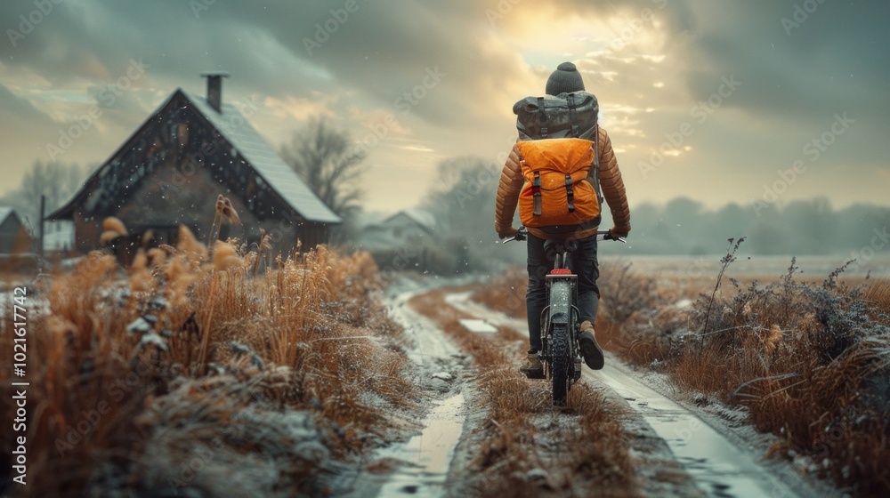 Obraz premium A delivery person with a thermal backpack delivering a meal to a family in a rural area