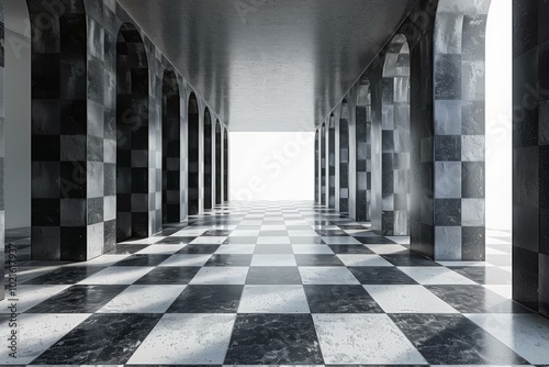 Black and white marble checkered floor tiles in an empty room with arched openings