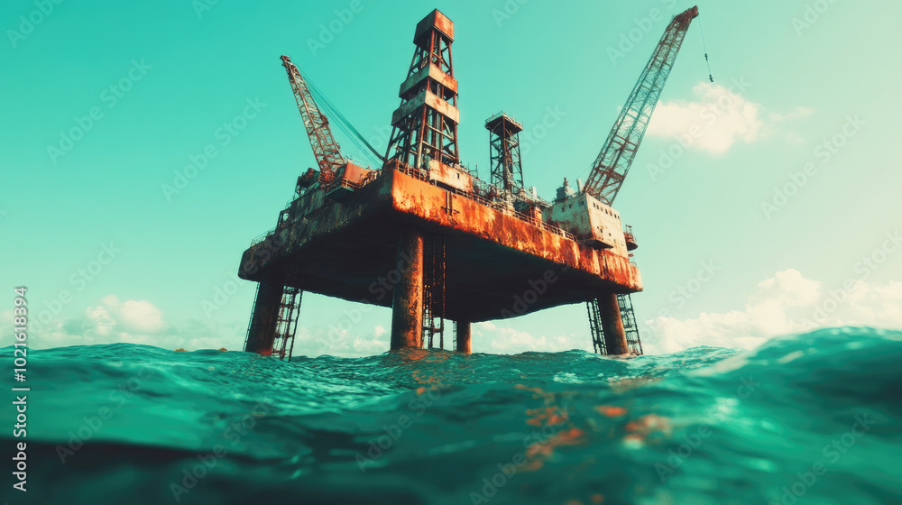 Rusty oil rig towering above ocean waves under a clear blue sky. Rusty oil rig towering above ocean waves under a clear blue sky.