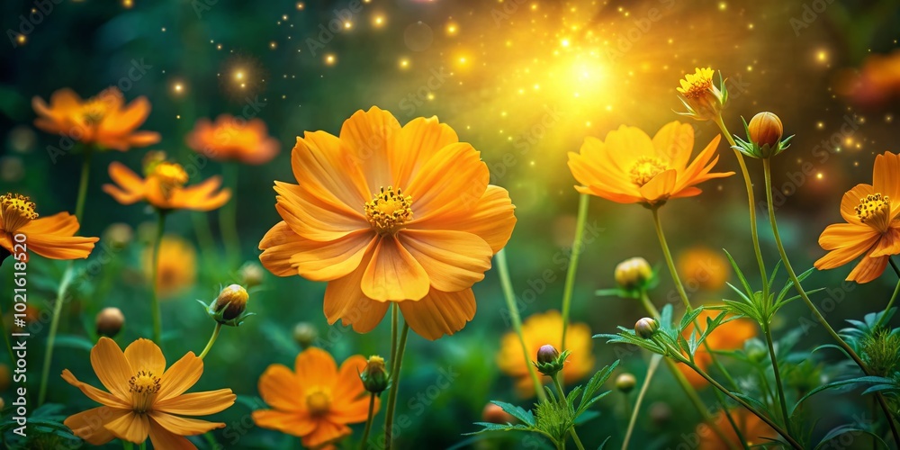 Vibrant Golden Cosmos Flowers Blooming in a Lush Green Garden Under Bright Sunlight Vibrant Golden Cosmos Flowers Blooming in a Lush Green Garden Under Bright Sunlight