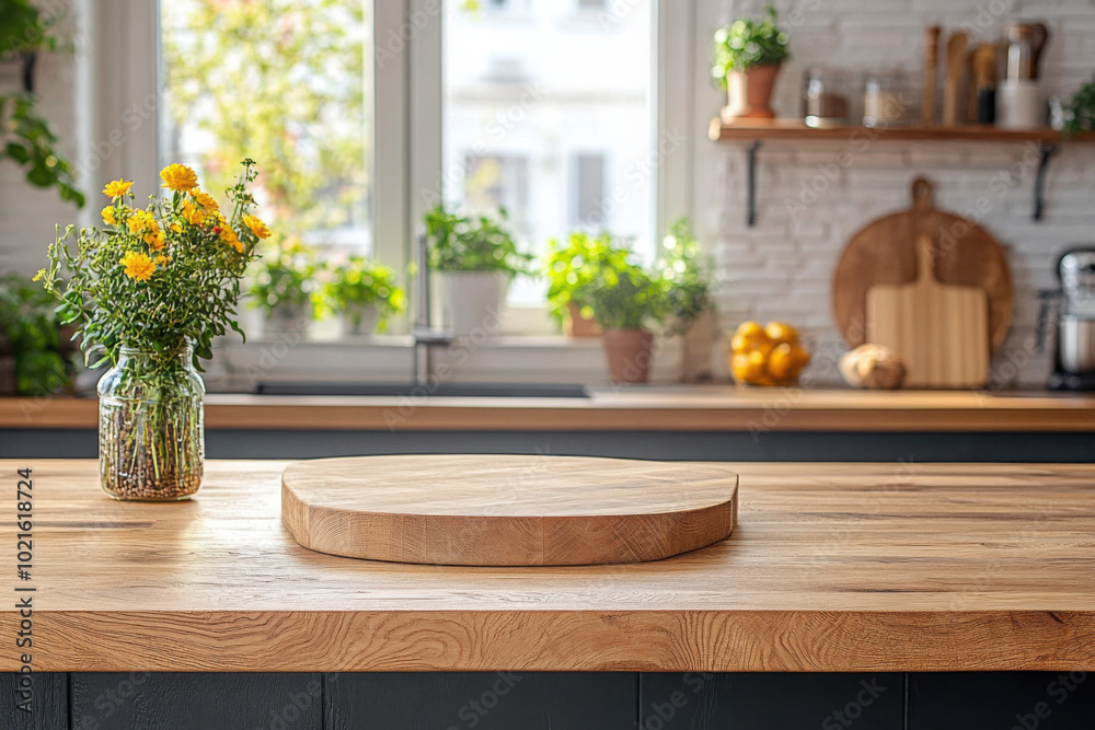 Podium or cutting board on wooden table on defocused rustic kitchen bench interior background