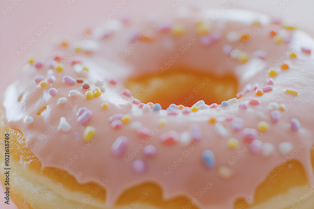 Close-Up of a Frosted Donut with Sprinkles: A close-up shot of a freshly baked donut with glossy frosting and colorful sprinkles, set against a soft-focus background Close-Up of a Frosted Donut with Sprinkles: A close-up shot of a freshly baked donut with glossy frosting and colorful sprinkles, set against a soft-focus background
