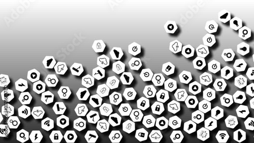 Technological background with falling icons symbolizing solving problems with cybersecurity, data protection, cloud technologies