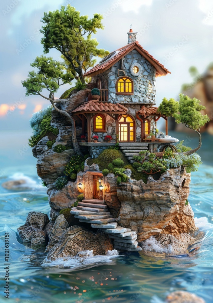 Fototapeta premium Enchanted Island House with Lush Scenery