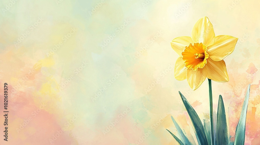 A yellow daffodil painting against a pink and yellow backdrop with a plant in the foreground A yellow daffodil painting against a pink and yellow backdrop with a plant in the foreground