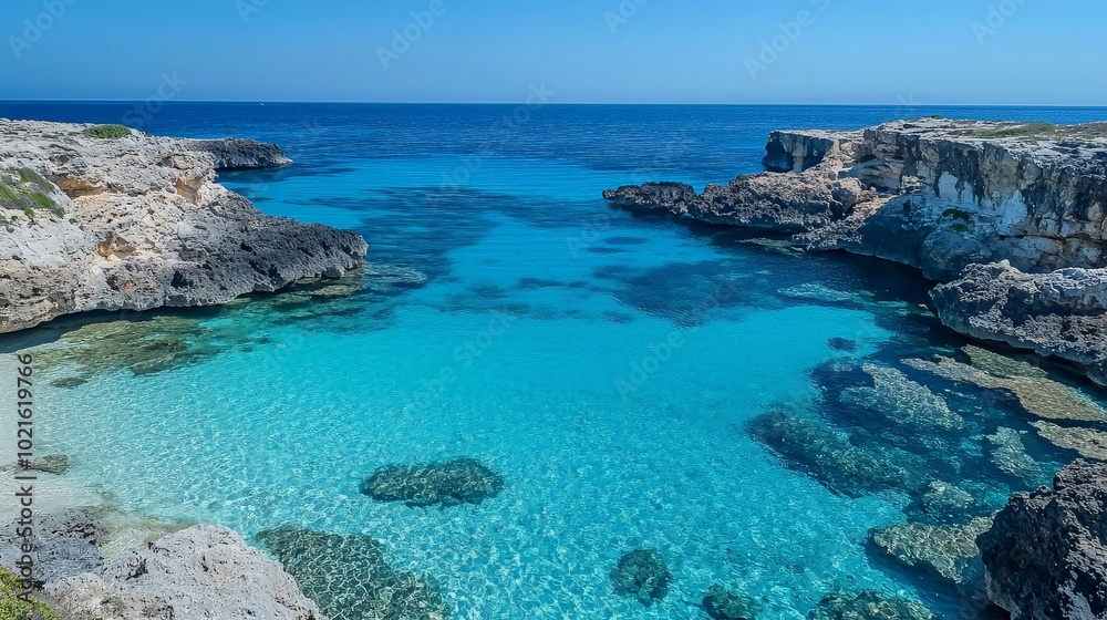 A secluded cove with clear turquoise water and rocky cliffs on a sunny day. A secluded cove with clear turquoise water and rocky cliffs on a sunny day.