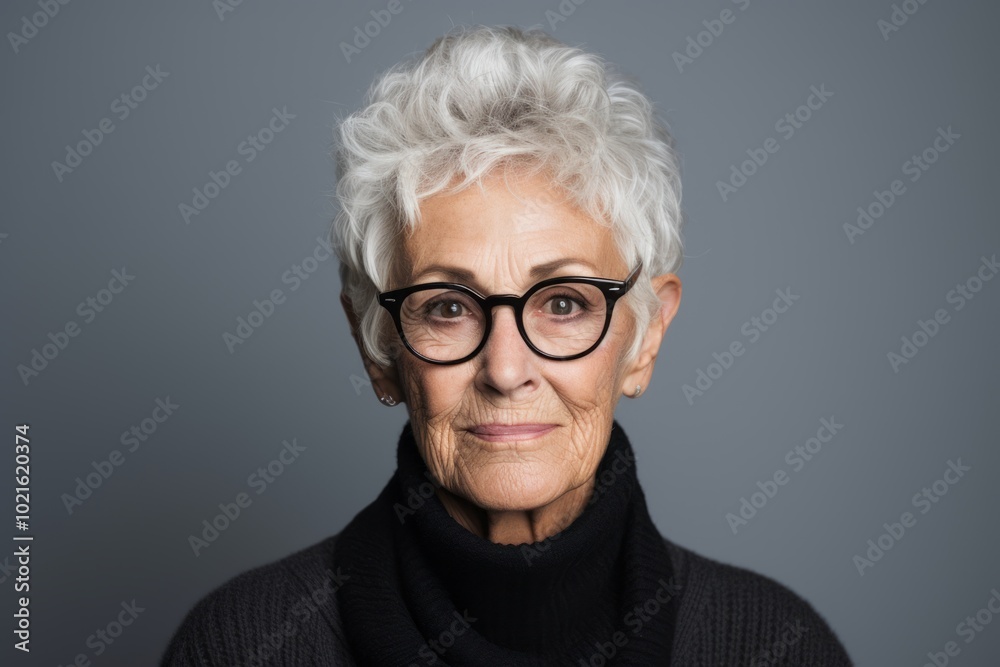 Portrait of a smiling senior woman in eyeglasses against grey background Portrait of a smiling senior woman in eyeglasses against grey background