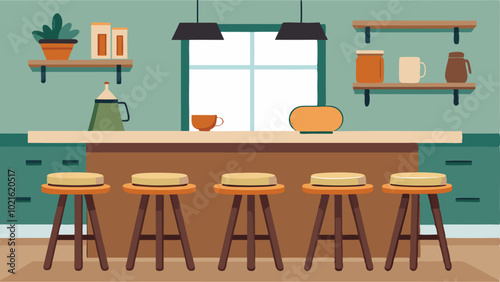 The kitchen featuring counter stools with wooden seats and metal legs in front of a breakfast bar made with a liveedge wood slab.