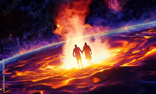 Shadrach, Meshach, and Abednego in the fiery furnace, depicted within a swirling nebula, highlighting their faith amidst trials, with copy space
