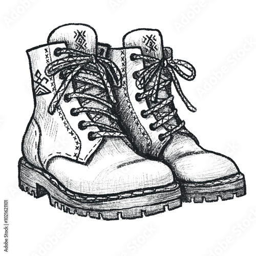 Sketch with a soft pencil of rough boots on laces with an ornament, black and white sketch of boots