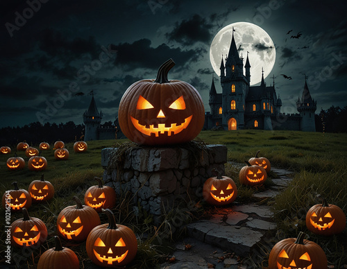 Halloween atmosphere with castles and pumpkins at night photo