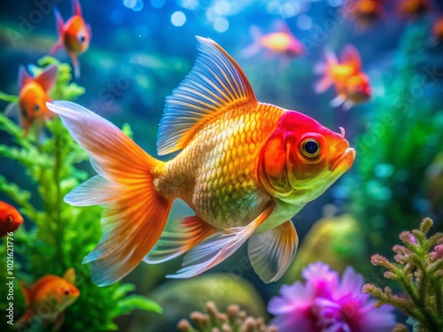 Vibrant Hypocyrta Goldfish Swimming Gracefully in a Colorful Aquarium Setting for Stunning Underwater Photography