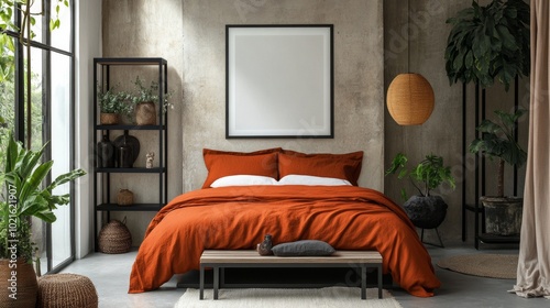 Modern minimalist bedroom interior with a burnt orange duvet cover, plants, and a large picture frame mockup.