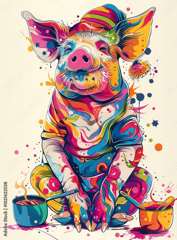 Naklejka premium A psychedelic pig sits on the floor with two bowls of soup