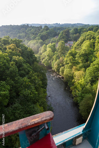 View from a narrowboat crossing the Pontcysllyte Aqueduct over the River Dee, Llangollen Canal, Wales, UK photo