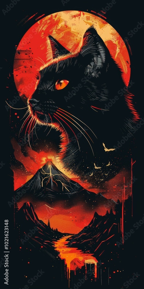 black cat with red moon and volcano black cat with red moon and volcano