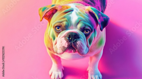 Colorful bulldog portrait on a vibrant pink and blue background