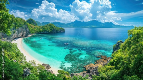 A pristine white sand beach with crystal clear turquoise water and lush green foliage, surrounded by dramatic limestone cliffs and a blue sky with fluffy white clouds.